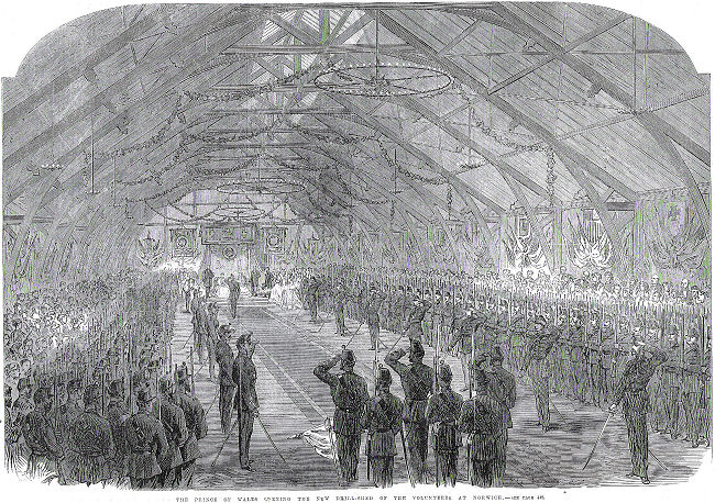 Enlarged engraving of the Prince of Wales opening the new Drill-shed of the Volunteers at Norwich�, from the Illustrated London News, November 10th, 1866.